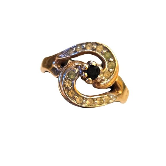 Vintage Espo Swirl Bypass Ring Deep Green and Clear Crystal Accents 14k GE Espo - Picture 3 of 5